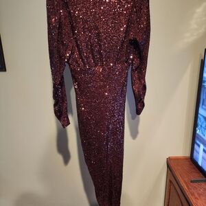 DR2 Long-Sleeve Sequin Bodycon Dress in Burgundy